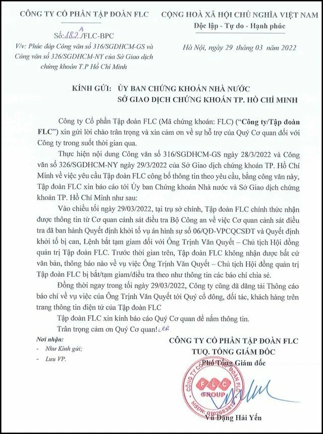 Tập đoàn FLC giải thích lý do người ký các văn bản công bố thông tin là Phó TGĐ Vũ Đặng Hải Yến?
