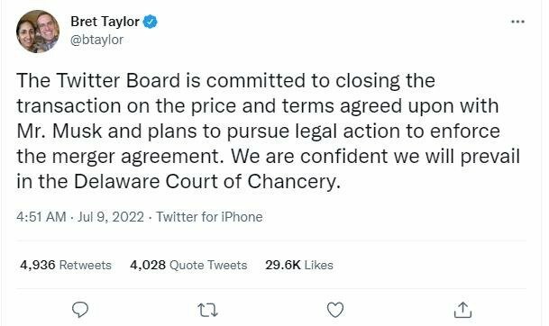 Tuyên bố của chủ tịch Twitter về việc đưa vụ hủy mua của Elon Musk ra tòa án Delaware (Ảnh: Twitter)
