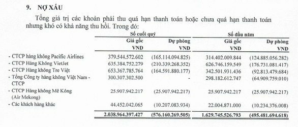 Danh sách những hãng bay đang dính nợ xấu tại Tổng công ty Cảng hàng không Việt Nam - Nguồn: Báo cáo tài chính hợp nhất quý 2-2022 ACV
