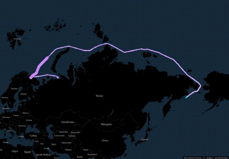 Bản đồ tuyến đường biển phía Bắc mà tàu Vasily Dinkov đang đi để vận chuyển dầu sang Trung Quốc.